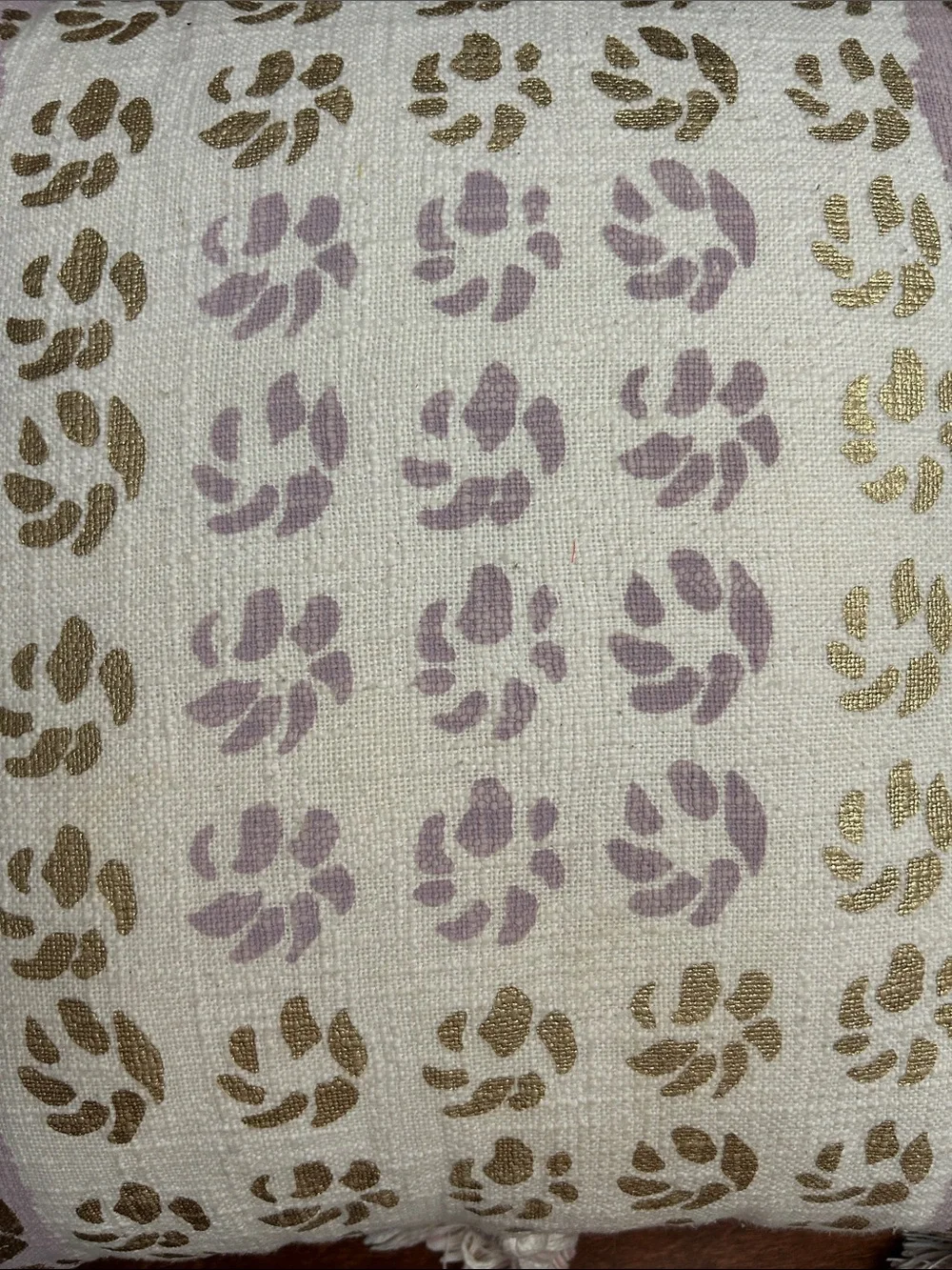 Anthropologie Large Boho Metallic Gold and Lavender Tasseled Pillow, 20”x20”